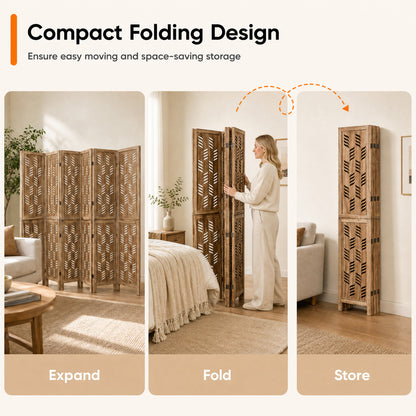 6-Panel Room Divider with Wave Cutout - 95" Paulownia Wood