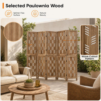 6-Panel Room Divider with Wave Cutout - 95" Paulownia Wood