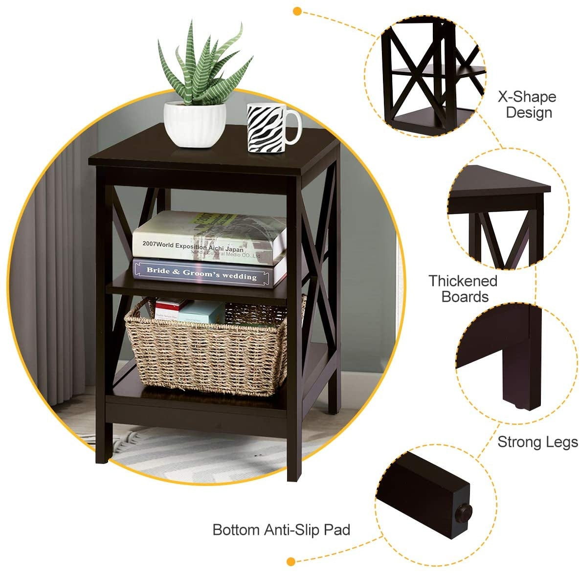 3-Tier X-Design Nightstands with Storage Shelves for Living Room Bedroom-Espresso