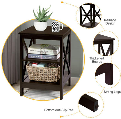 3-Tier X-Design Nightstands with Storage Shelves for Living Room Bedroom-Espresso