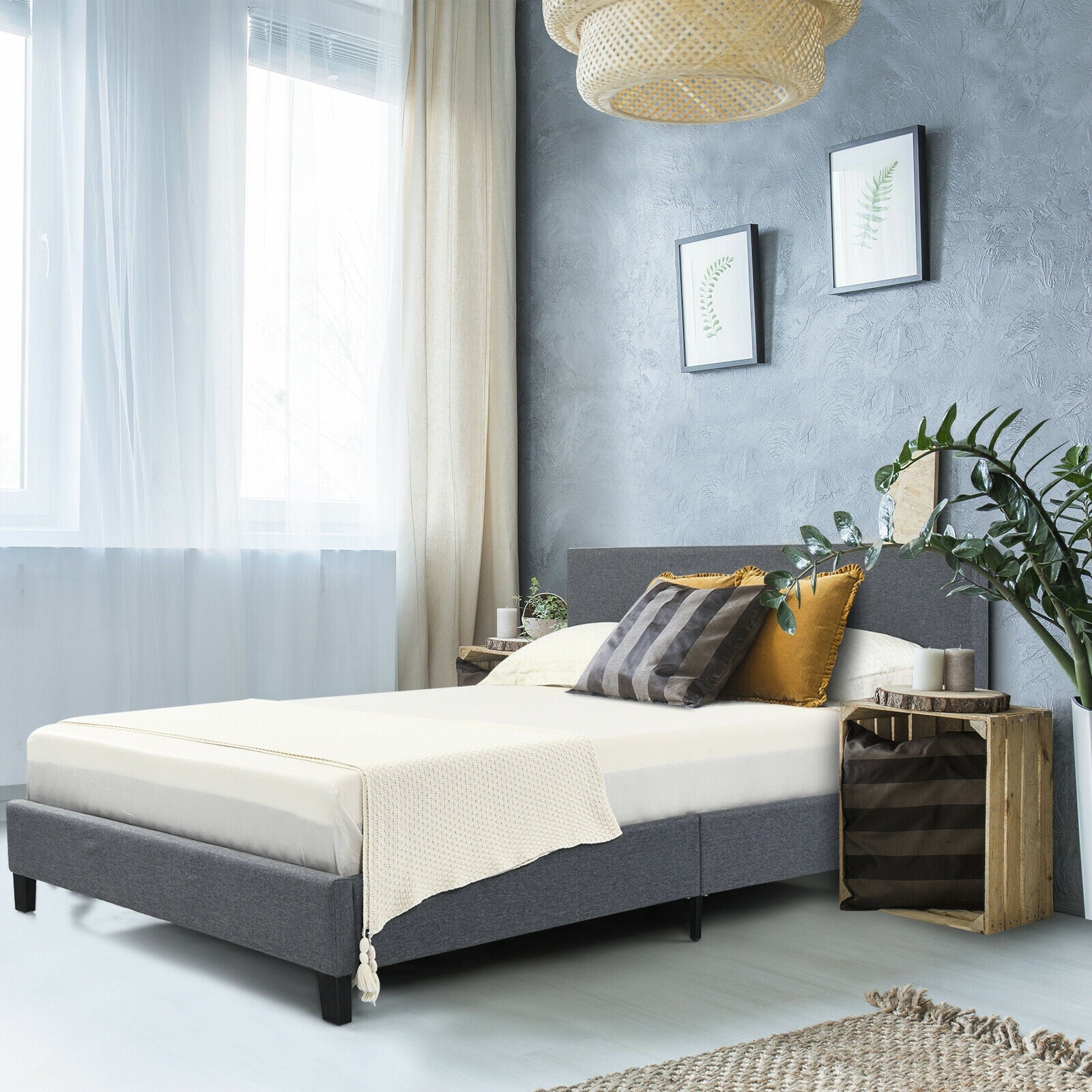 Full/Queen Size Upholstered Platform Bed Frame with Linen Headboard-Queen Size