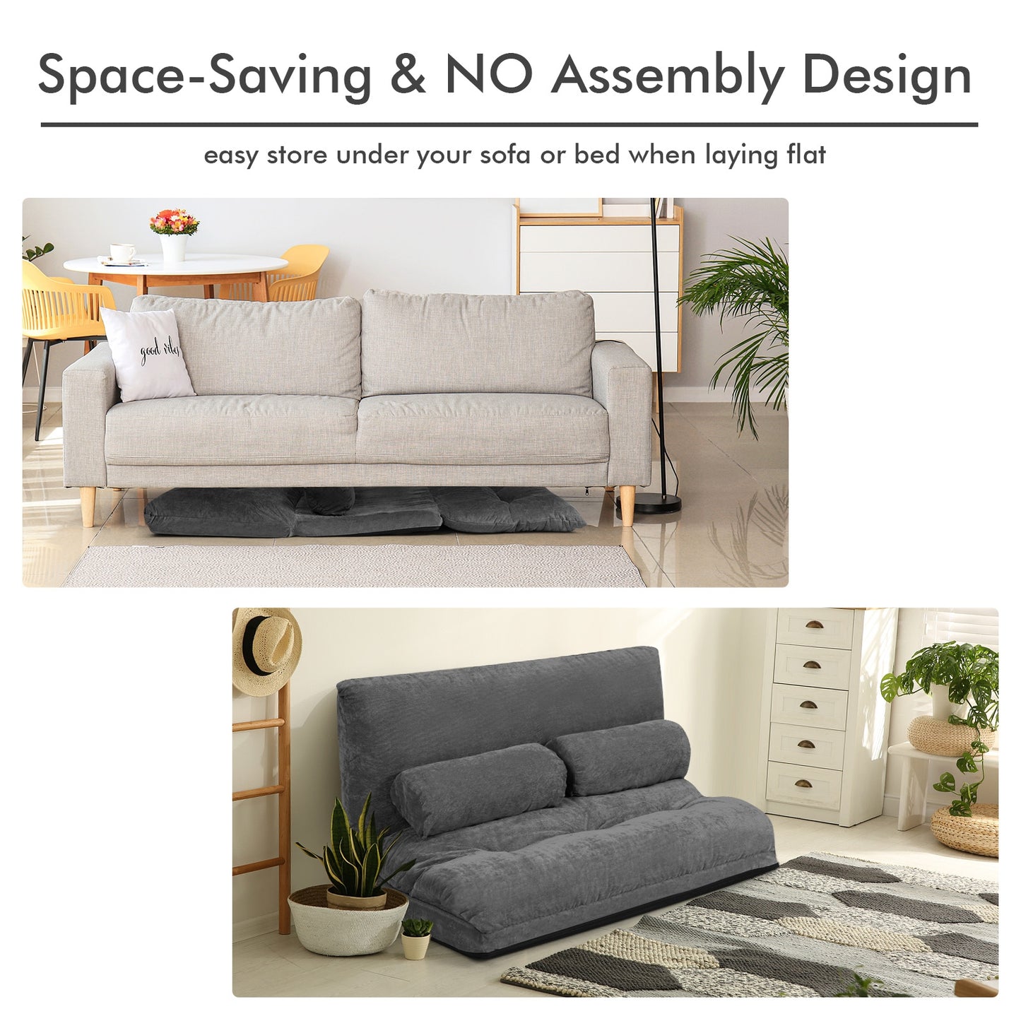 6-Position Adjustable Sleeper Lounge Couch with 2 Pillows-Gray