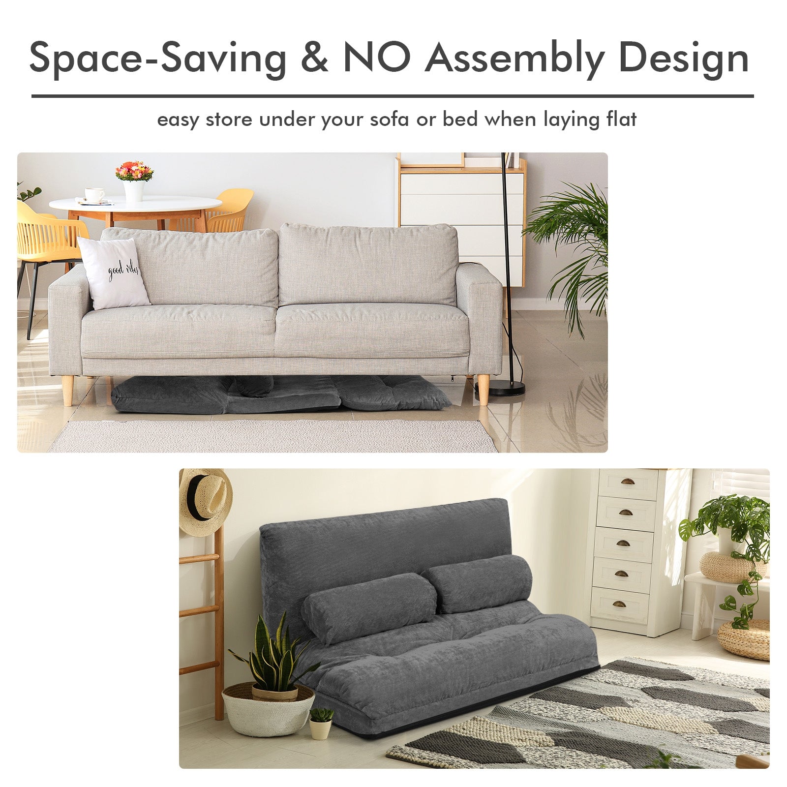 6-Position Adjustable Sleeper Lounge Couch with 2 Pillows-Gray