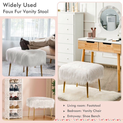 Faux Fur Vanity Stool with Golden Metal Legs for Makeup Room-White