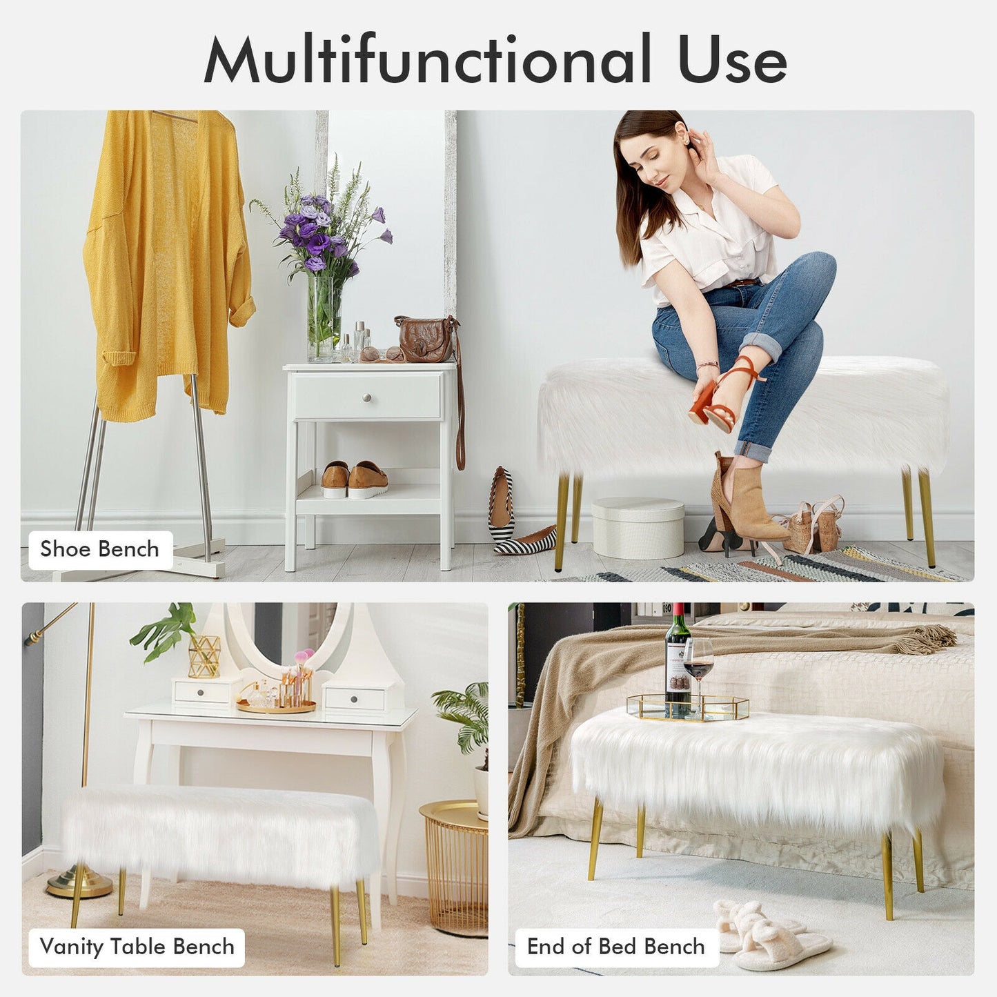 Upholstered Faux Fur Vanity Stool with Golden Legs for Makeup Room-White