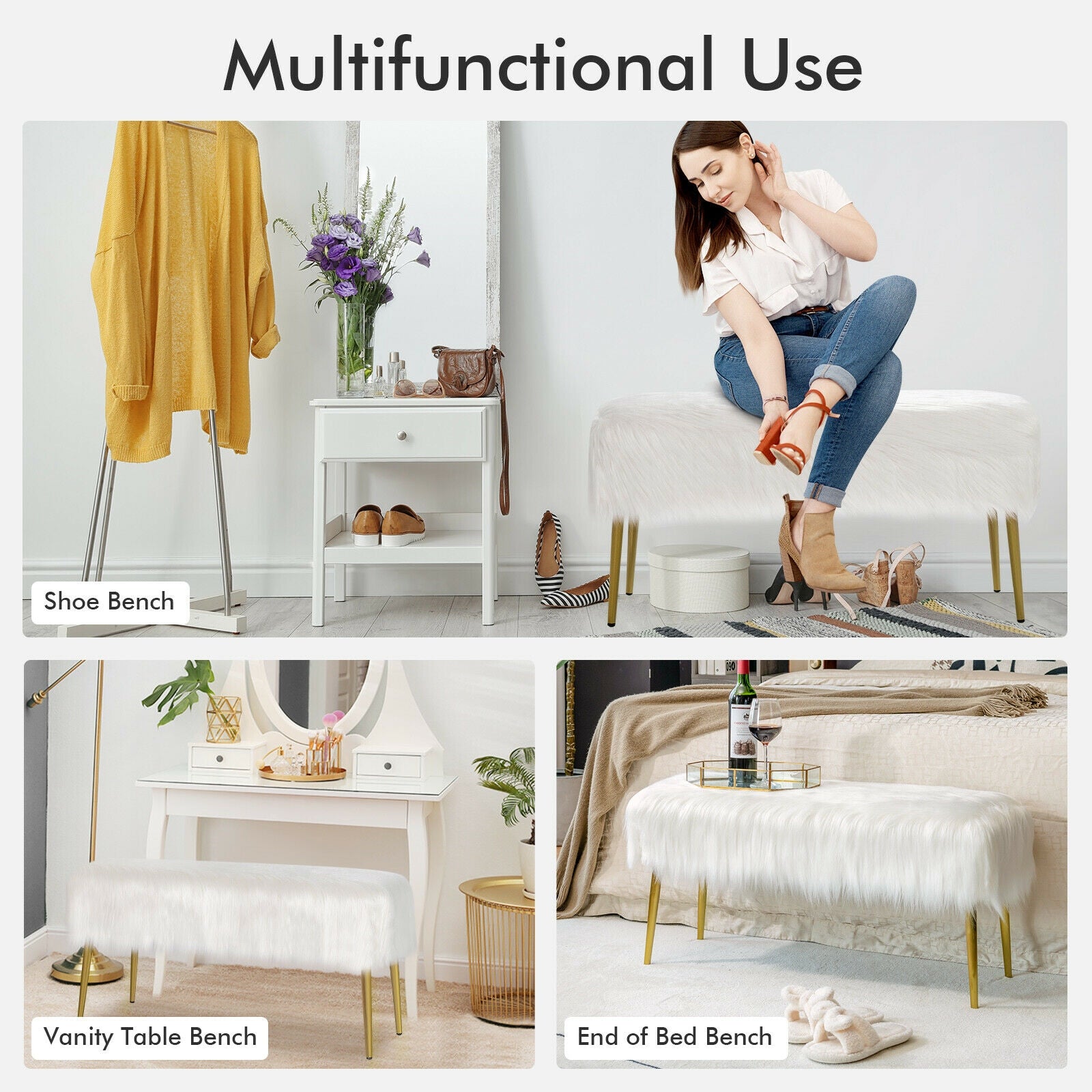 Upholstered Faux Fur Vanity Stool with Golden Legs for Makeup Room-White