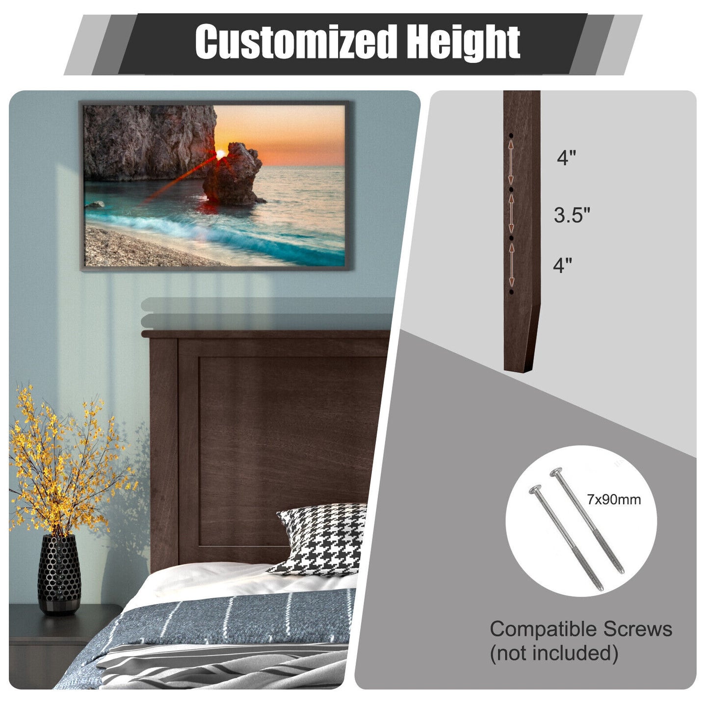 Solid Wood Flat Panel Headboard for Twin-size Bed-Brown