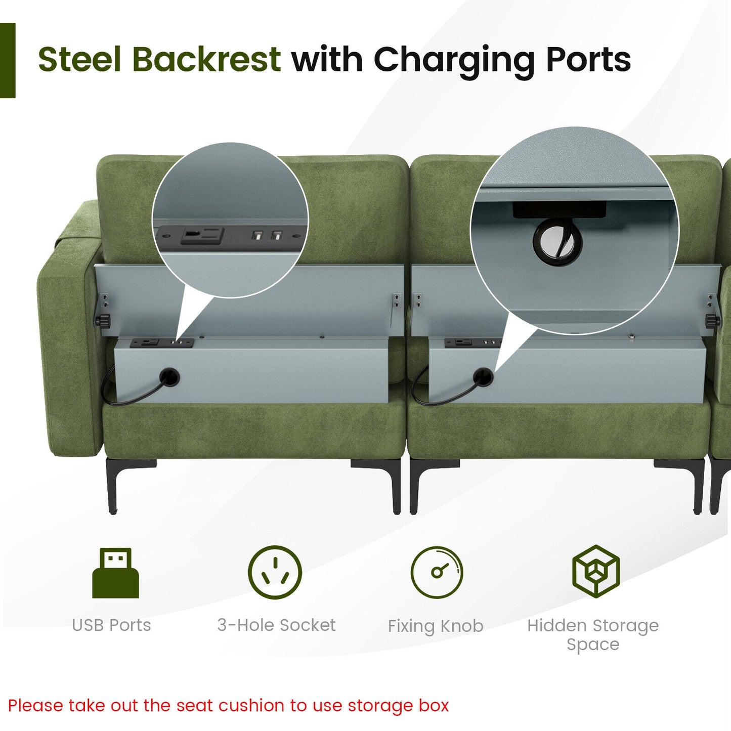 Modular L-shaped 4-Seat Sectional Sofa with Reversible Chaise and 2 USB Socket
