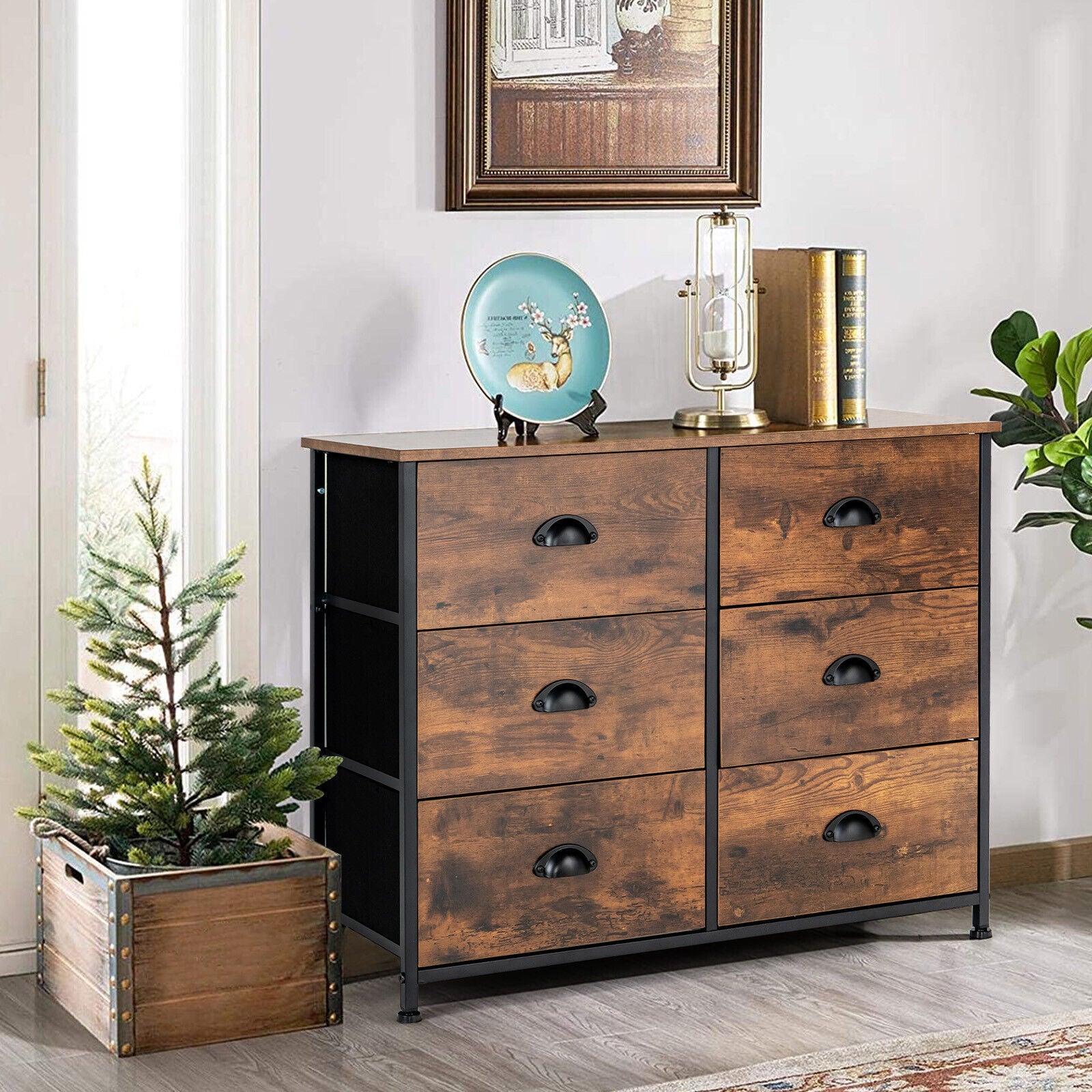 6 Fabric Drawer Storage Chest with Wooden Top-Rustic Brown