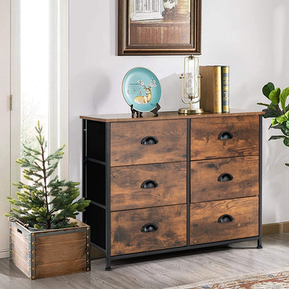 6 Fabric Drawer Storage Chest with Wooden Top-Rustic Brown