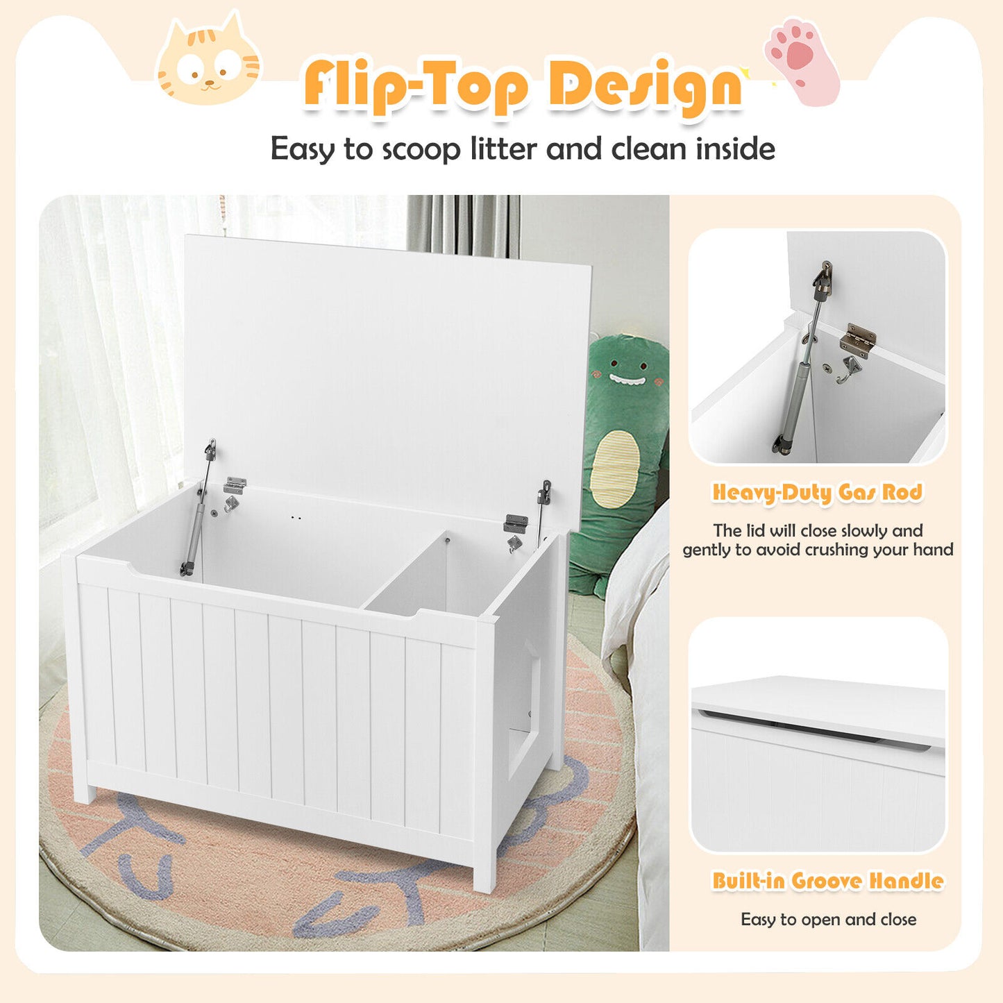 Wooden Cat Litter Box Enclosure with Top Opening Side Table Furniture-White