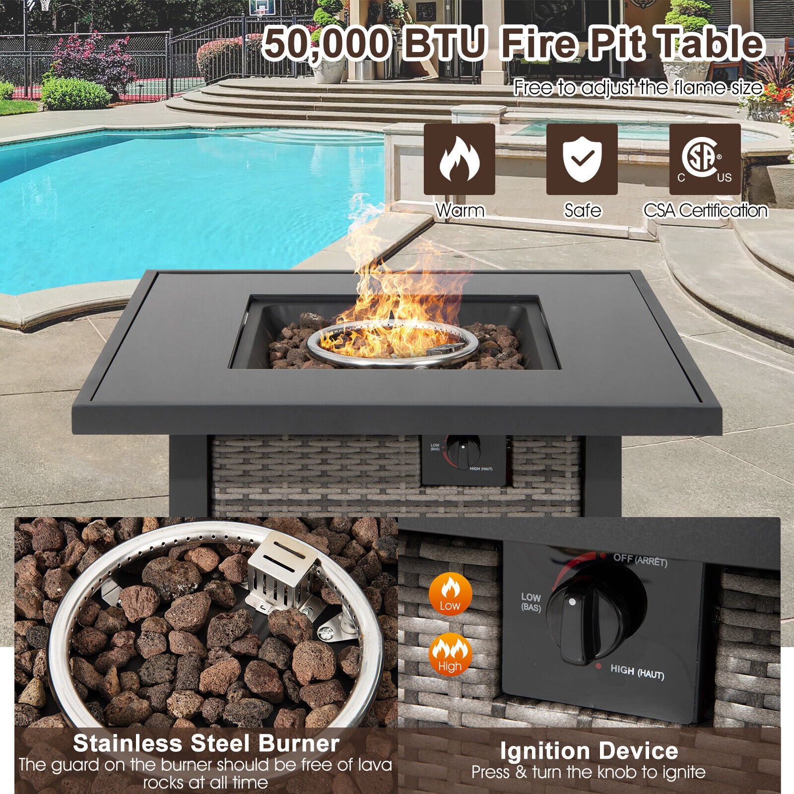 32 Inch Square Propane Fire Pit Table with Lava Rocks Cover-Gray