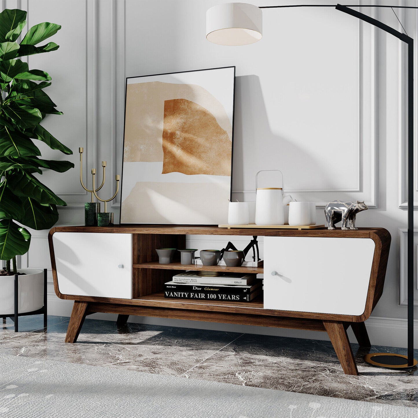 Sliding Door TV Stand with Adjustable Shelf for TVs up to 55 Inch-Walnut