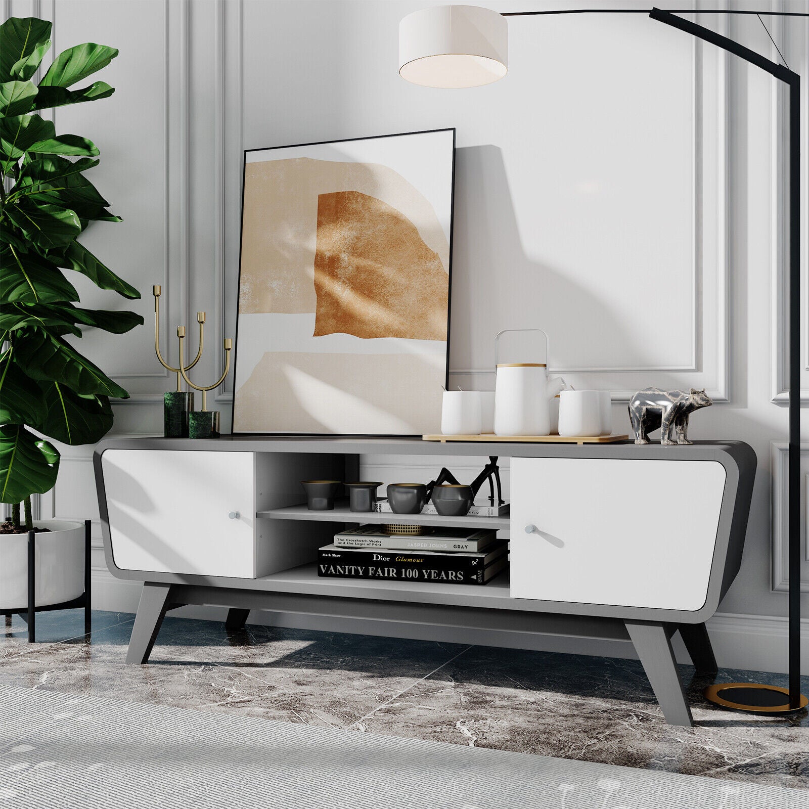 Sliding Door TV Stand with Adjustable Shelf for TVs up to 55 Inch-Gray