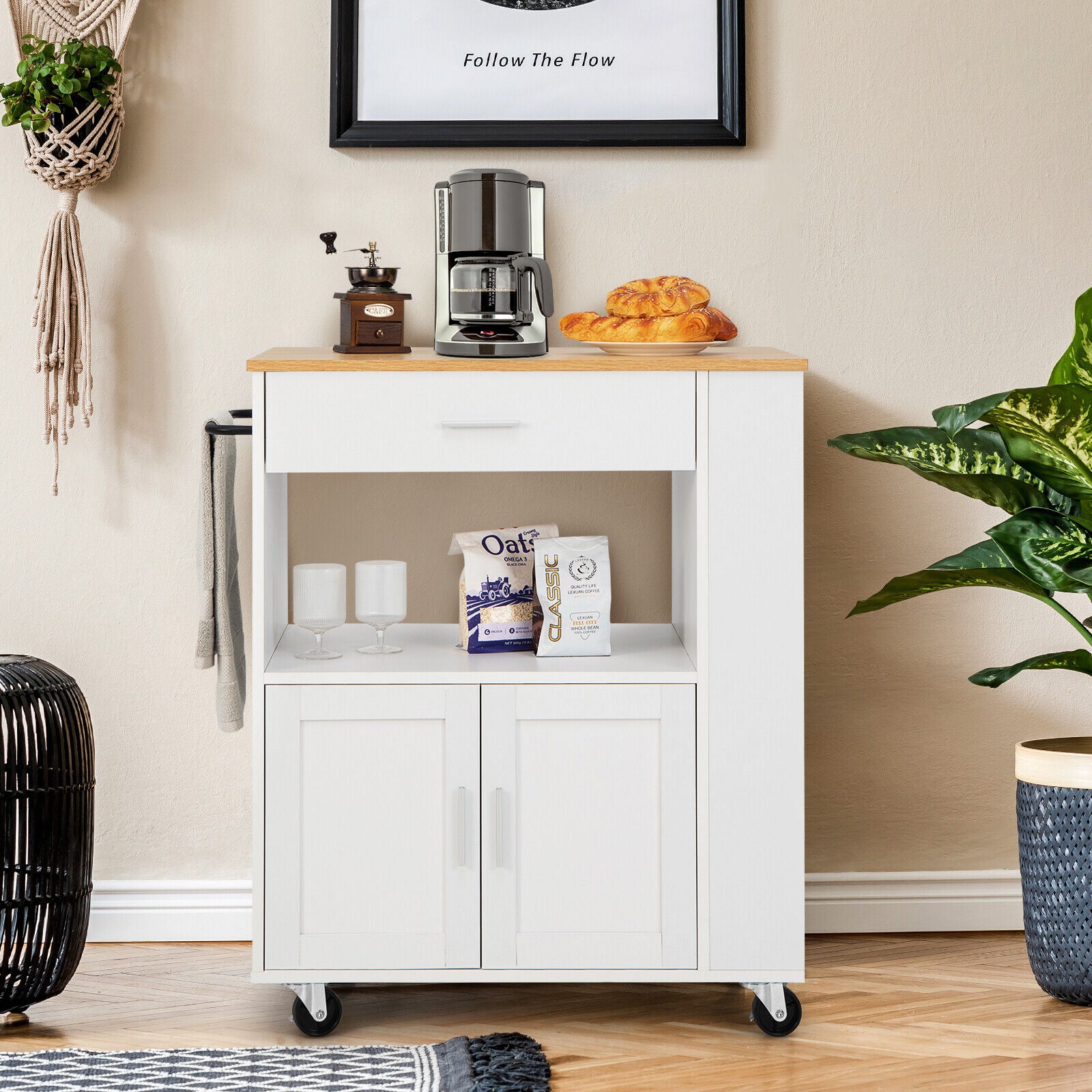 Rolling Kitchen Trolley with 3 Spice Racks Drawer and Open Shelf-White