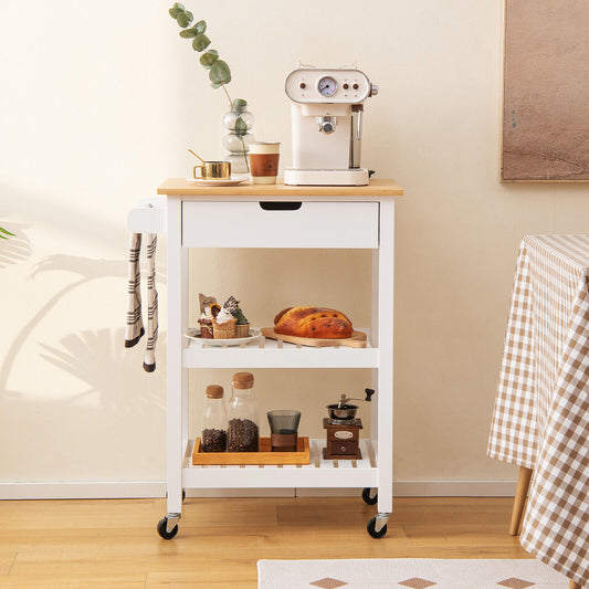 3-Tier Kitchen Island Cart Rolling Service Trolley with Bamboo Top-White