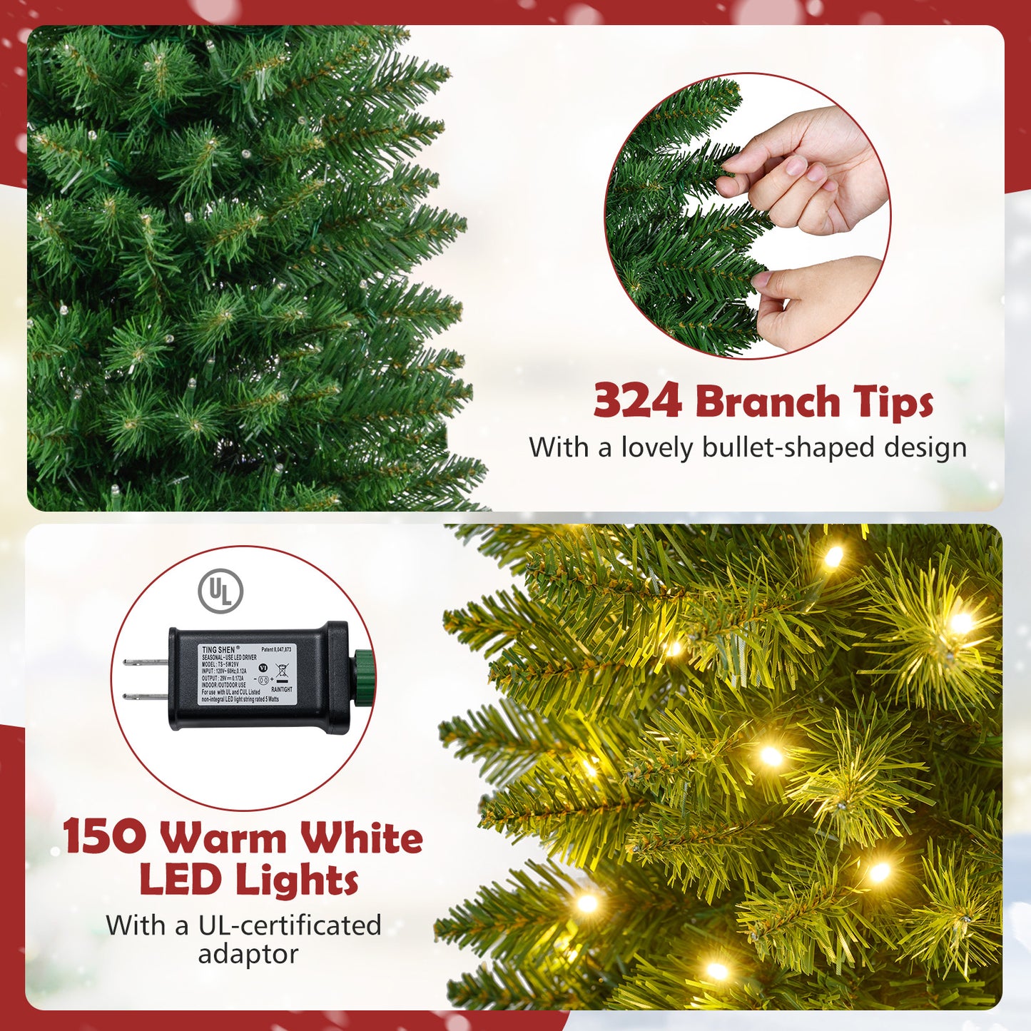 5/6/7/8/9 Feet Pre-lit Pencil Artificial Christmas Tree with 150/180/200//300/400 Warm White LED Lights-5 ft