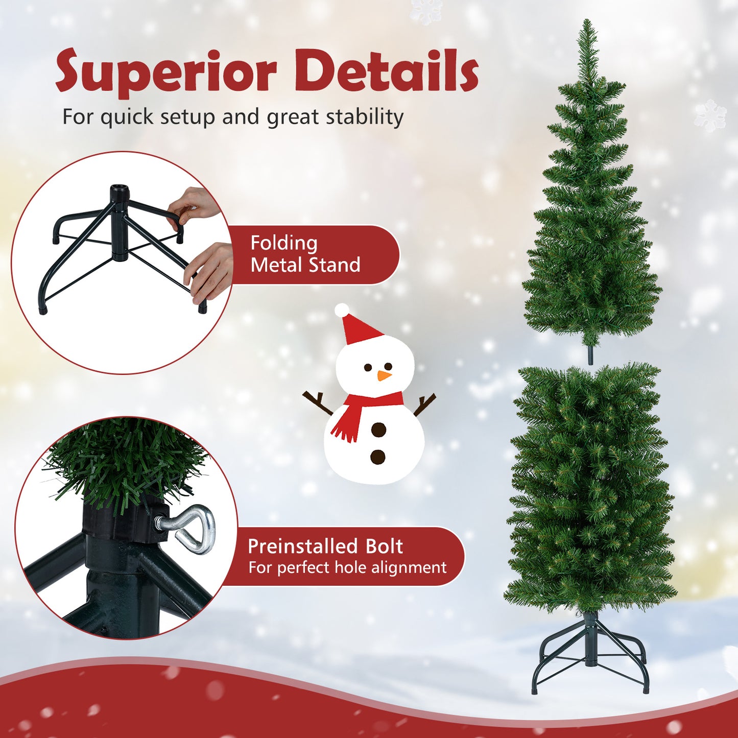 5/6/7/8/9 Feet Pre-lit Pencil Artificial Christmas Tree with 150/180/200//300/400 Warm White LED Lights-5 ft