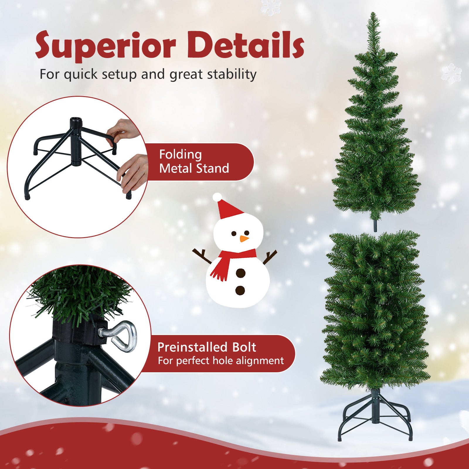 5/6/7/8/9 Feet Pre-lit Pencil Artificial Christmas Tree with 150/180/200//300/400 Warm White LED Lights-5 ft