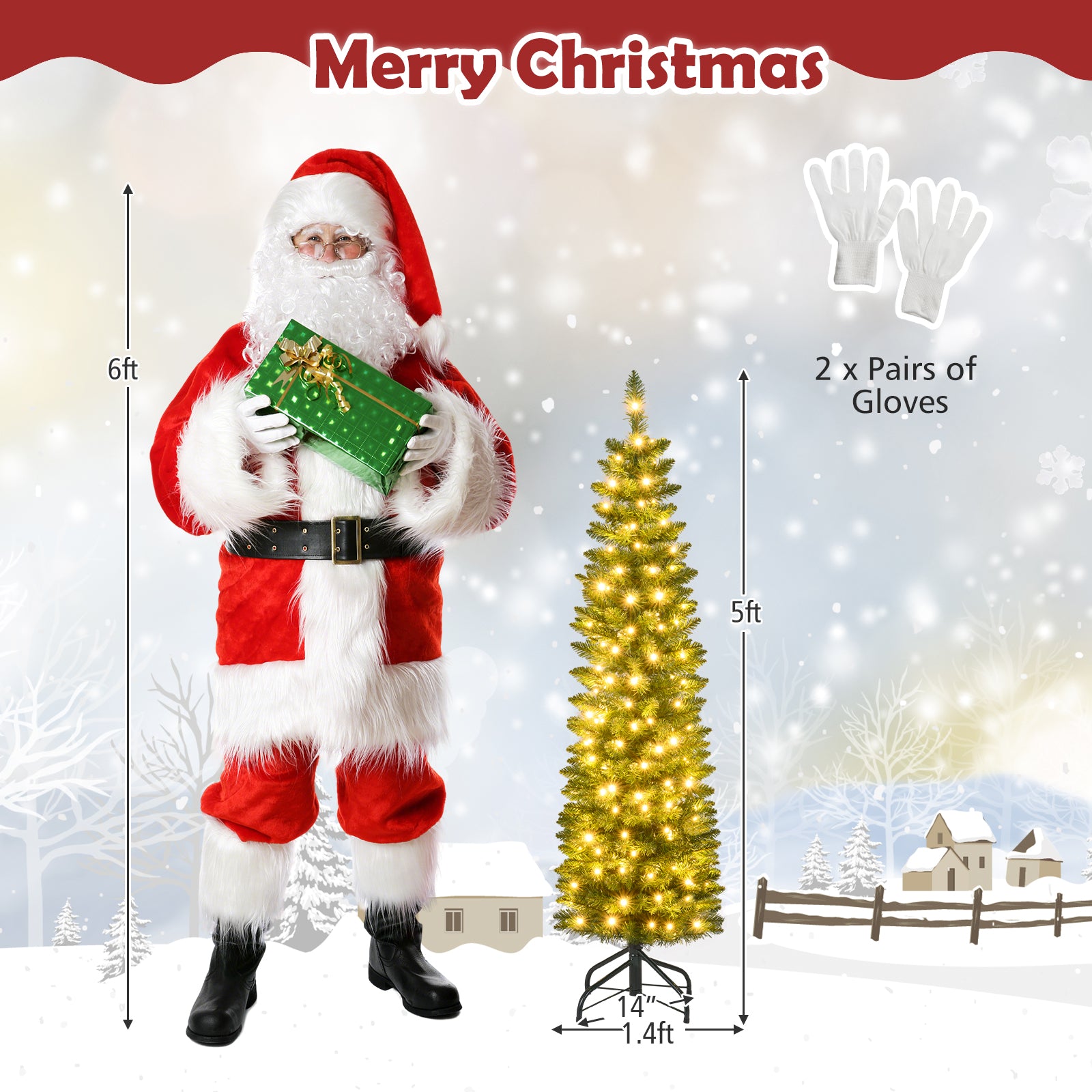 5/6/7/8/9 Feet Pre-lit Pencil Artificial Christmas Tree with 150/180/200//300/400 Warm White LED Lights-5 ft