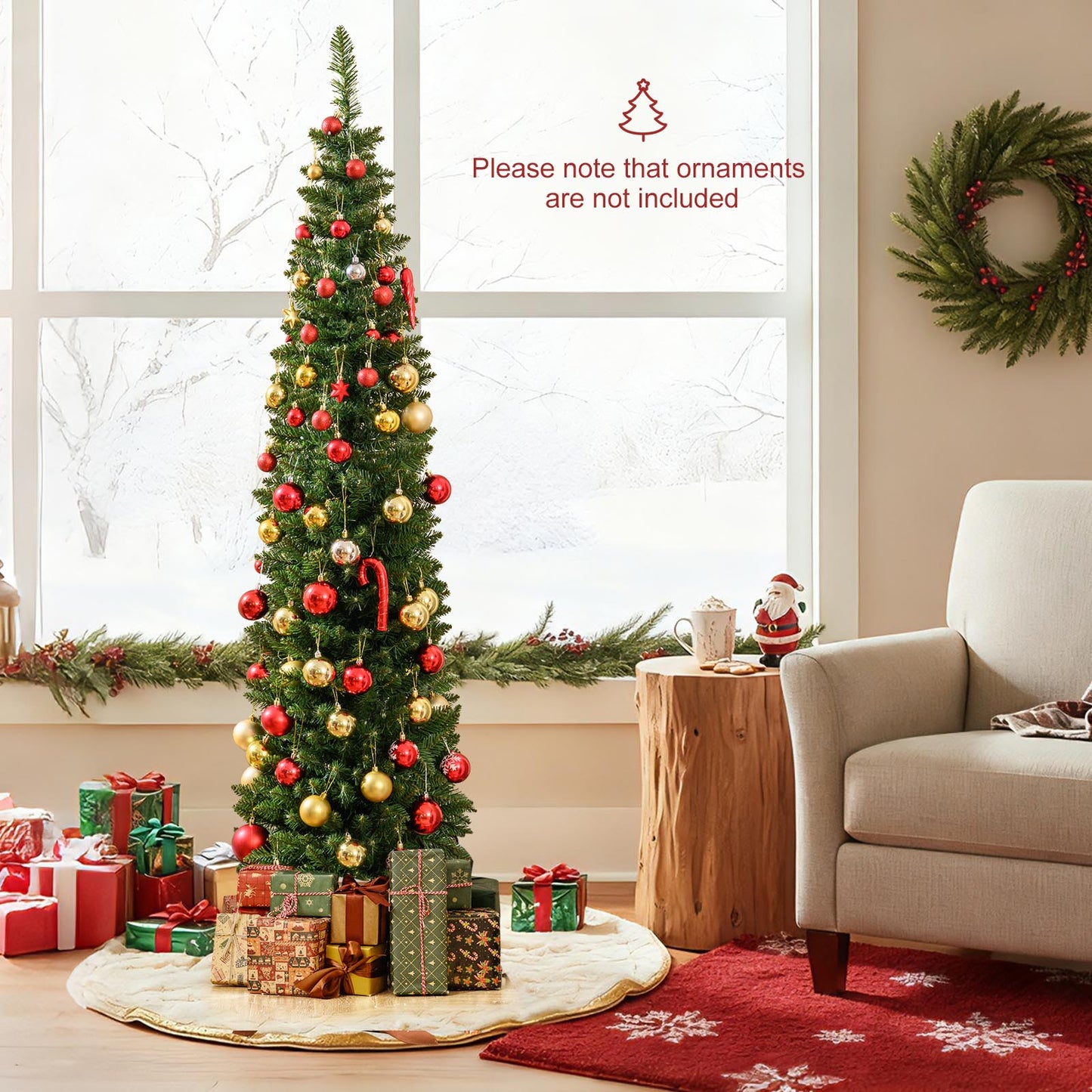 5/6/7/8/9 Feet Pre-lit Pencil Artificial Christmas Tree with 150/180/200//300/400 Warm White LED Lights-6 ft