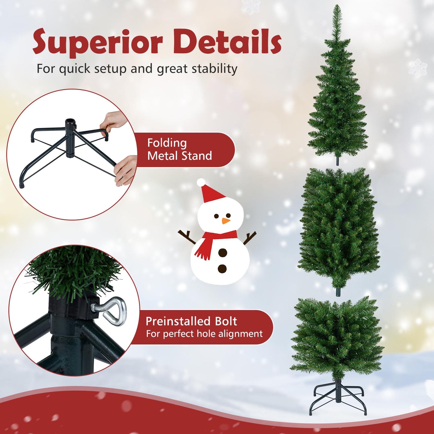 5/6/7/8/9 Feet Pre-lit Pencil Artificial Christmas Tree with 150/180/200//300/400 Warm White LED Lights-6 ft