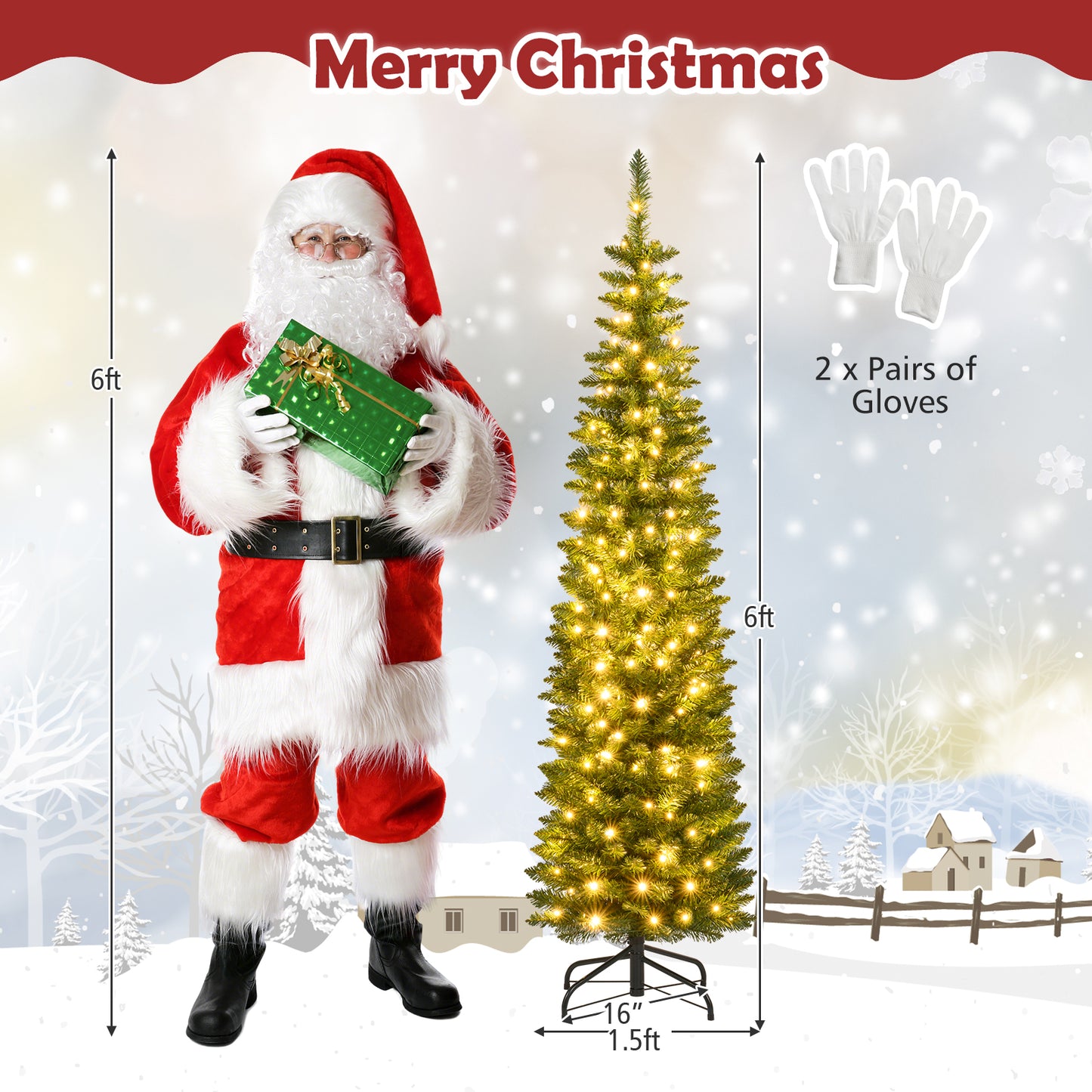 5/6/7/8/9 Feet Pre-lit Pencil Artificial Christmas Tree with 150/180/200//300/400 Warm White LED Lights-6 ft