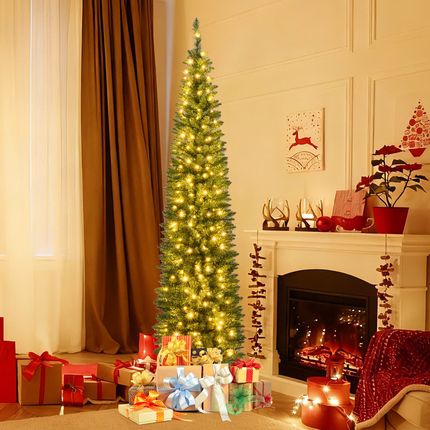 5/6/7/8/9 Feet Pre-lit Pencil Artificial Christmas Tree with 150/180/200//300/400 Warm White LED Lights-7 ft
