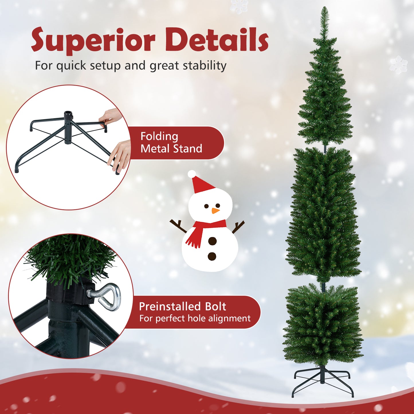 5/6/7/8/9 Feet Pre-lit Pencil Artificial Christmas Tree with 150/180/200//300/400 Warm White LED Lights-7 ft