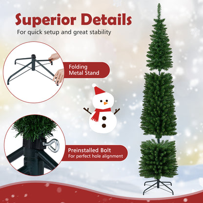 5/6/7/8/9 Feet Pre-lit Pencil Artificial Christmas Tree with 150/180/200//300/400 Warm White LED Lights-7 ft
