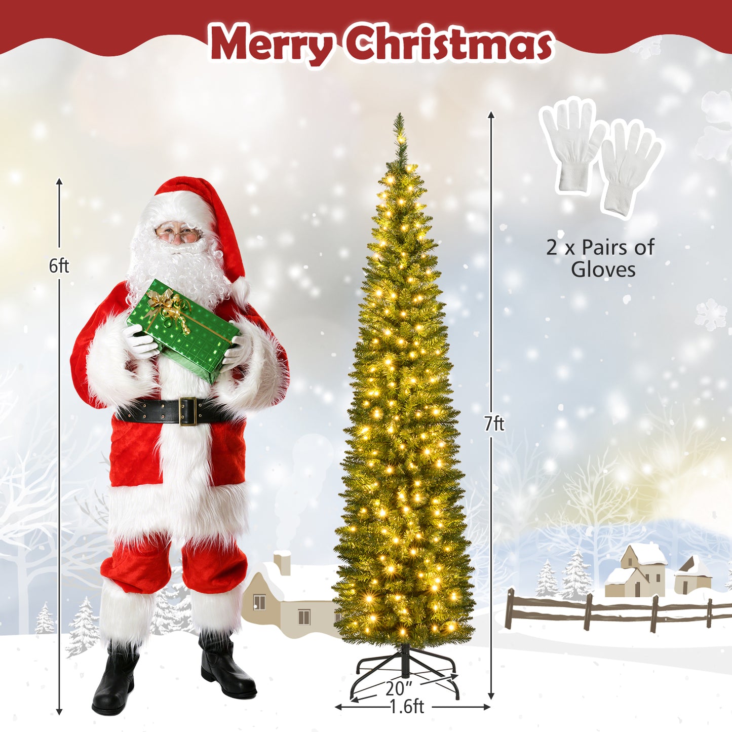 5/6/7/8/9 Feet Pre-lit Pencil Artificial Christmas Tree with 150/180/200//300/400 Warm White LED Lights-7 ft