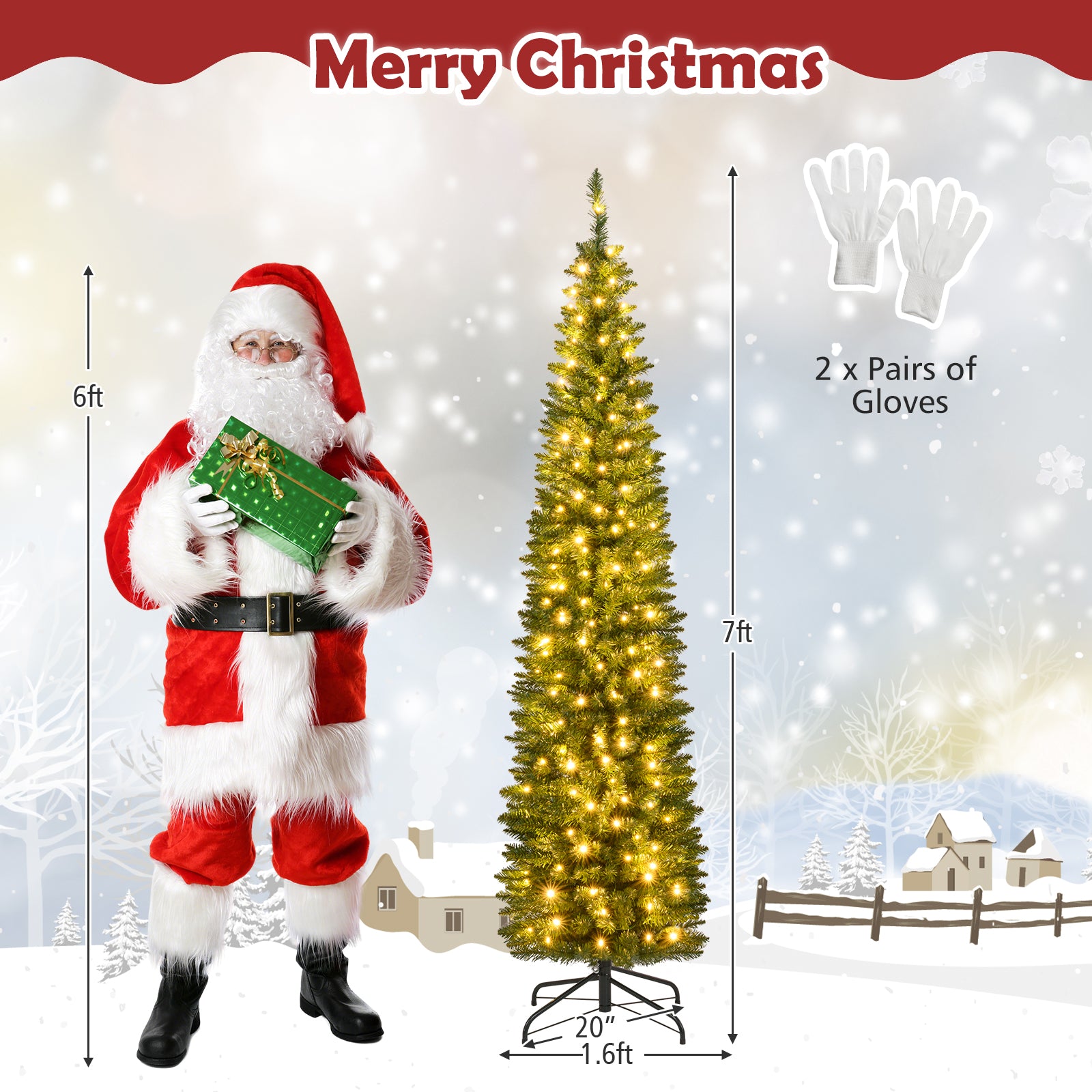 5/6/7/8/9 Feet Pre-lit Pencil Artificial Christmas Tree with 150/180/200//300/400 Warm White LED Lights-7 ft