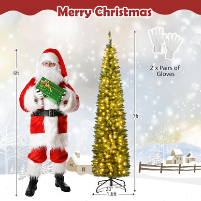 5/6/7/8/9 Feet Pre-lit Pencil Artificial Christmas Tree with 150/180/200//300/400 Warm White LED Lights-7 ft