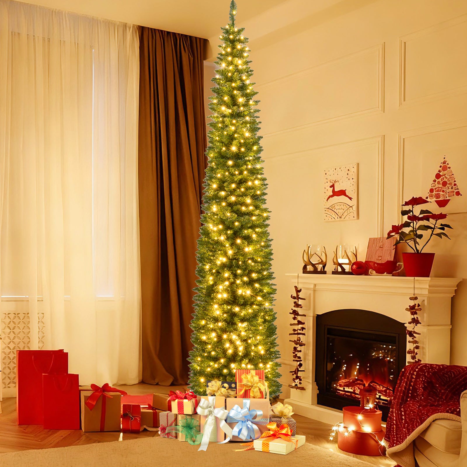 5/6/7/8/9 Feet Pre-lit Pencil Artificial Christmas Tree with 150/180/200//300/400 Warm White LED Lights-9 ft