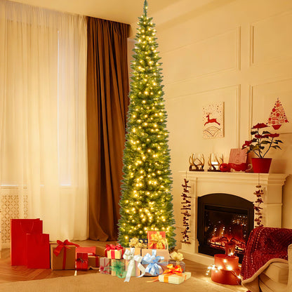 5/6/7/8/9 Feet Pre-lit Pencil Artificial Christmas Tree with 150/180/200//300/400 Warm White LED Lights-9 ft