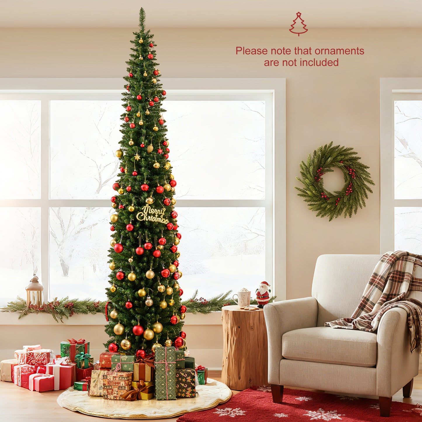 5/6/7/8/9 Feet Pre-lit Pencil Artificial Christmas Tree with 150/180/200//300/400 Warm White LED Lights-9 ft