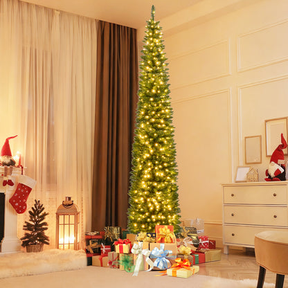 5/6/7/8/9 Feet Pre-lit Pencil Artificial Christmas Tree with 150/180/200//300/400 Warm White LED Lights-9 ft
