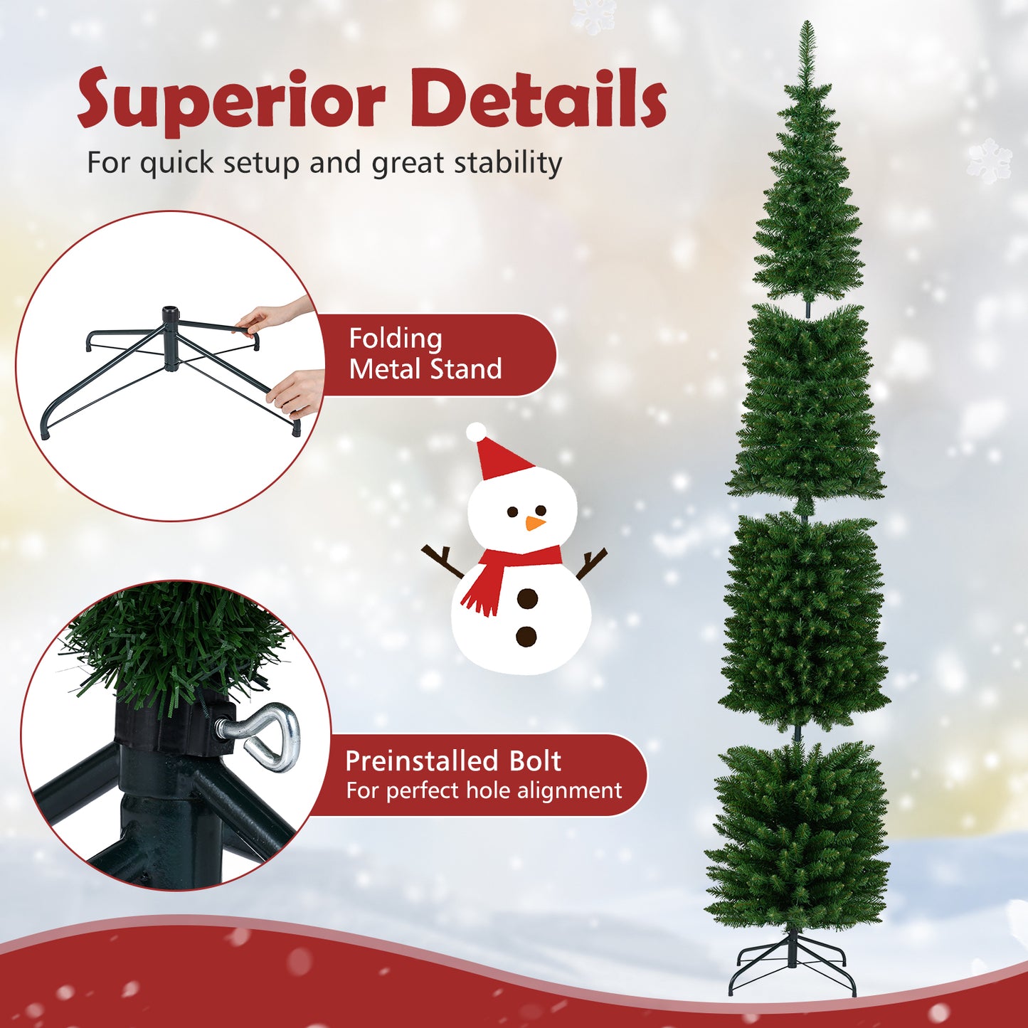 5/6/7/8/9 Feet Pre-lit Pencil Artificial Christmas Tree with 150/180/200//300/400 Warm White LED Lights-9 ft