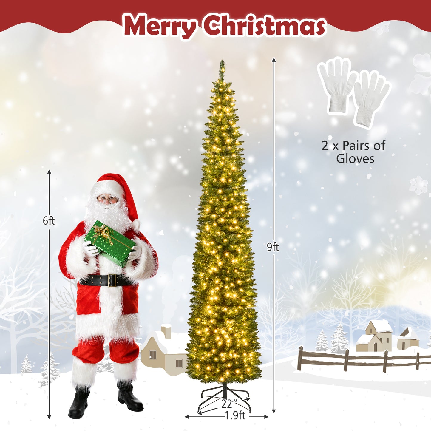 5/6/7/8/9 Feet Pre-lit Pencil Artificial Christmas Tree with 150/180/200//300/400 Warm White LED Lights-9 ft