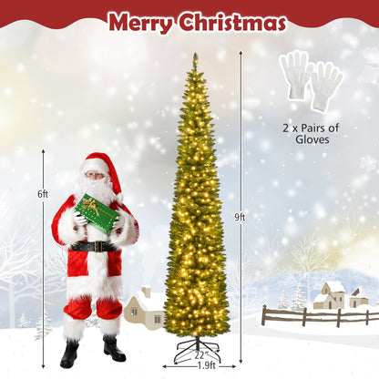 5/6/7/8/9 Feet Pre-lit Pencil Artificial Christmas Tree with 150/180/200//300/400 Warm White LED Lights-9 ft