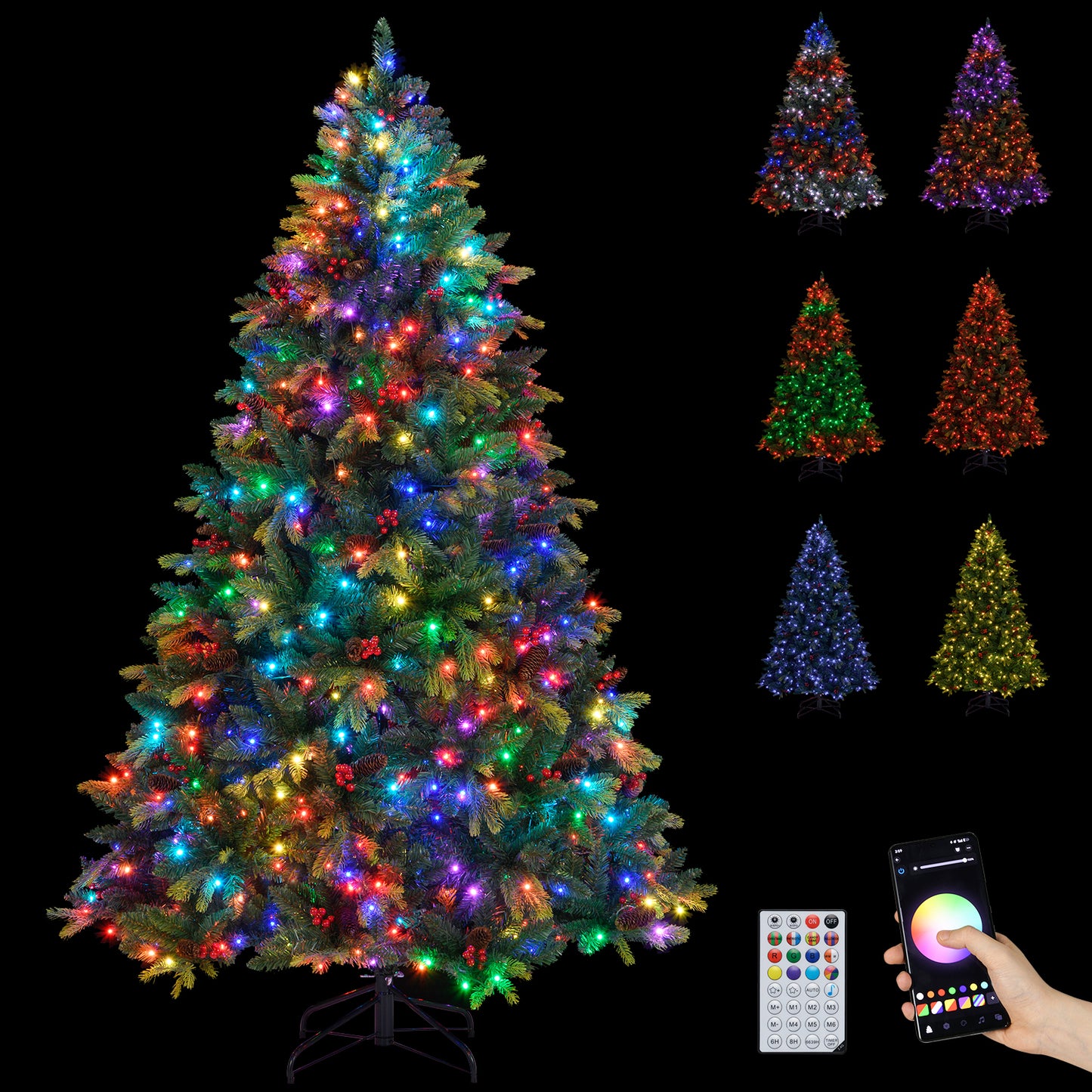 5/6/7/8 FT Artificial Christmas Tree with LED Lights and Remote APP Control-7 ft