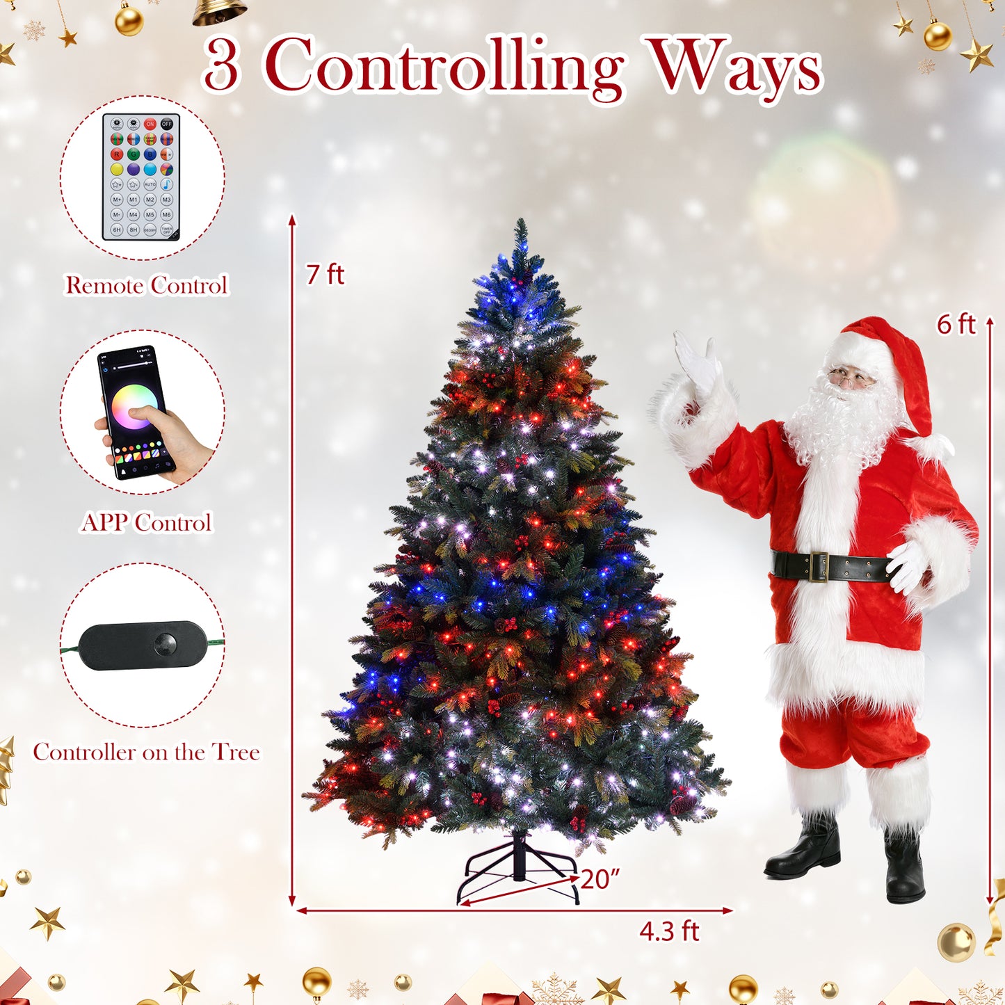 5/6/7/8 FT Artificial Christmas Tree with LED Lights and Remote APP Control-7 ft