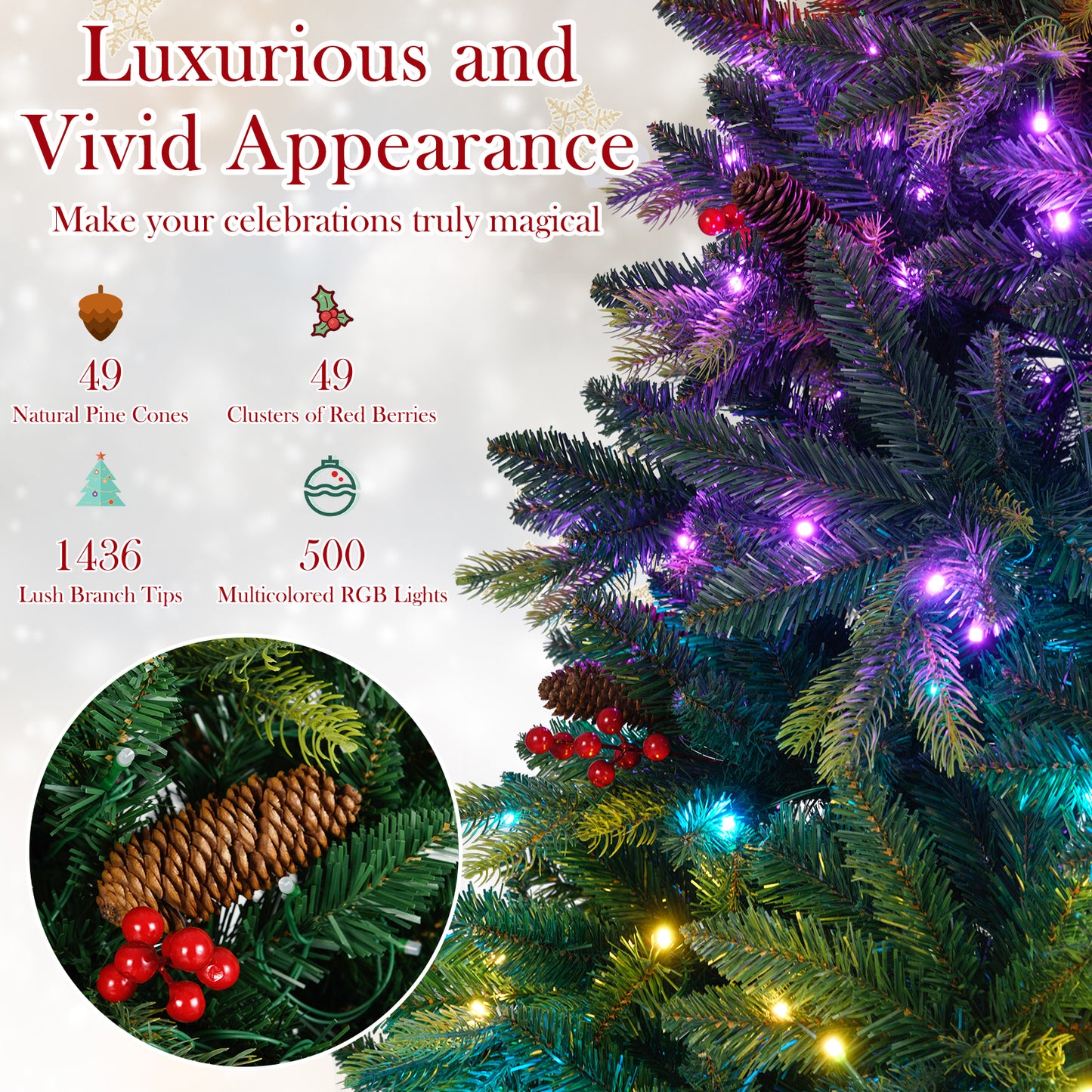 5/6/7/8 FT Artificial Christmas Tree with LED Lights and Remote APP Control-7 ft