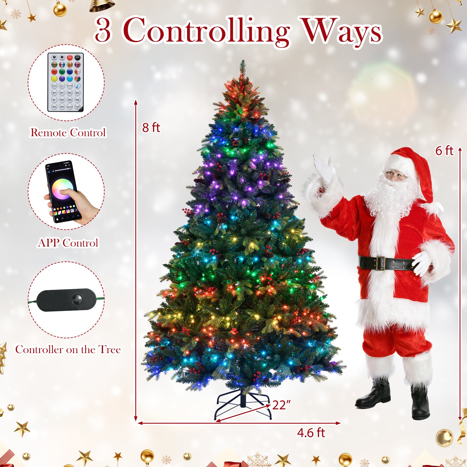 5/6/7/8 FT Artificial Christmas Tree with LED Lights and Remote APP Control-8 ft