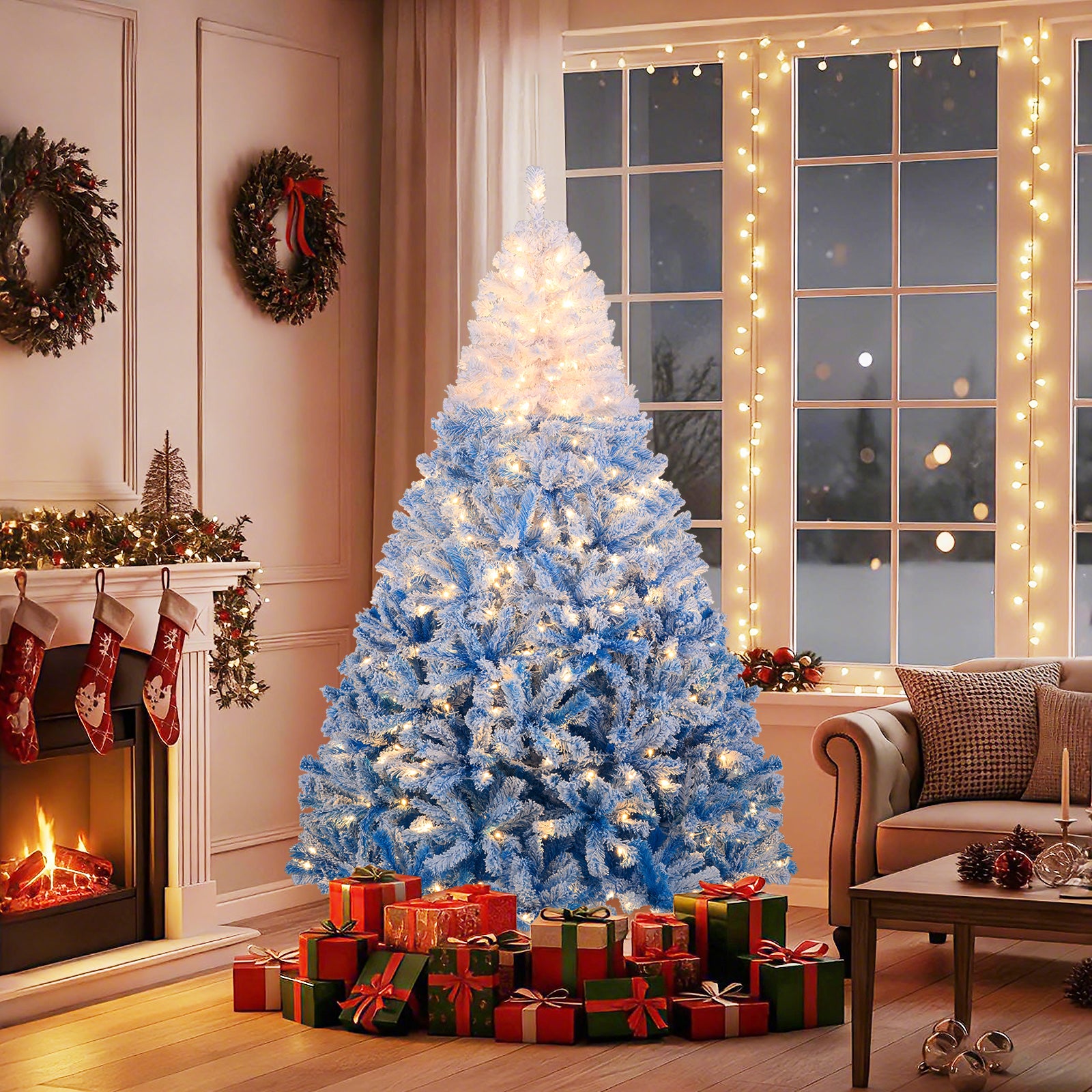 5/6/7/8 FT Artificial Christmas Tree with Warm White LED Lights and 8 Modes-7 Feet