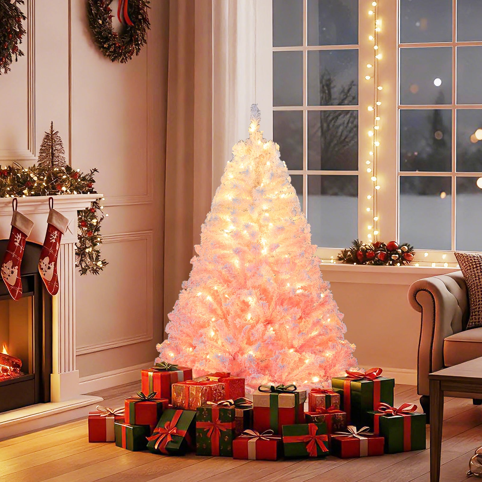 5/6/7/8 FT Artificial Christmas Tree with Warm White LED Lights and 8 Modes for Holiday-5 Feet