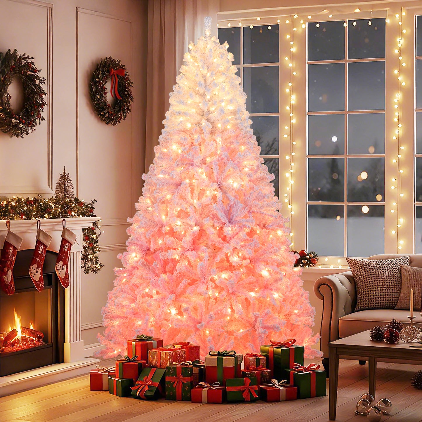 5/6/7/8 FT Artificial Christmas Tree with Warm White LED Lights and 8 Modes for Holiday-8 Feet