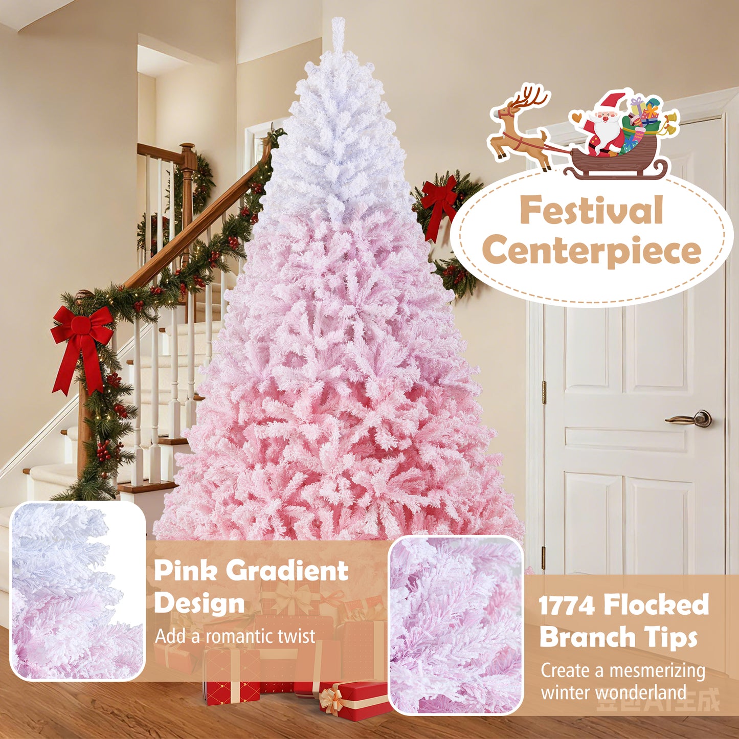 5/6/7/8 FT Artificial Christmas Tree with Warm White LED Lights and 8 Modes for Holiday-8 Feet