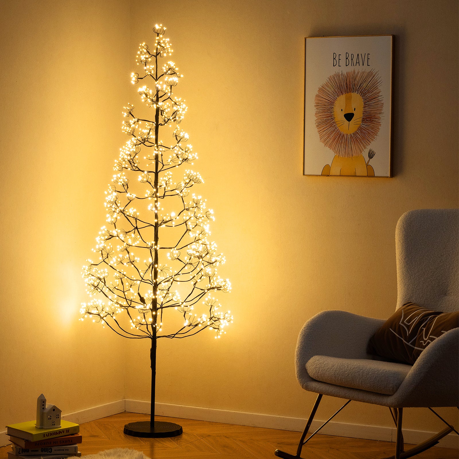 5/6/7 FT Lighted Alpine Tree with Warm White Light LED Lights Pre-lit Artificial Cedar Tree with Weighted Base-6ft