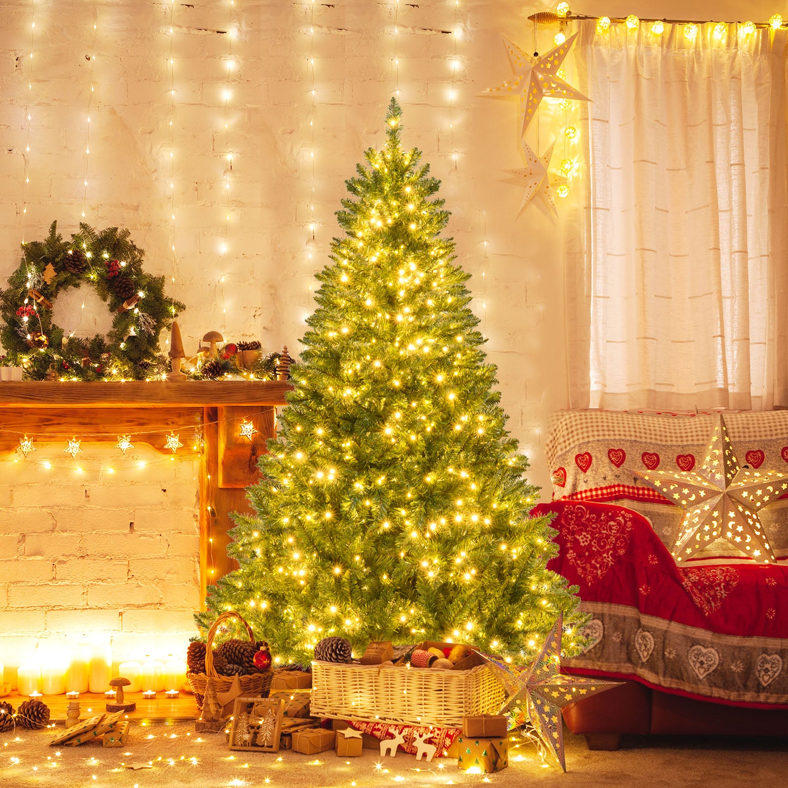 5/6/7 Feet Artificial Christmas Tree Hinged Xmas Tree with 7 Lighting Modes-6 Feet